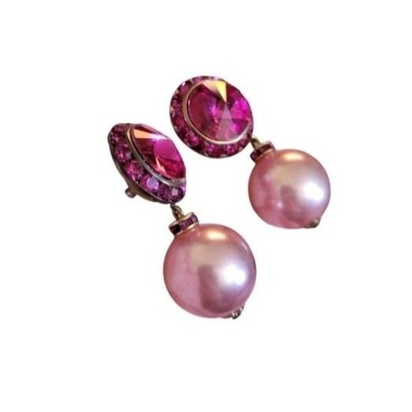 Huge Pink Rhinestone Bobble Faux Pearl Statement HOT PINK Pierced Earrings - Picture 5 of 9